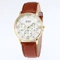 Classic men's business watch with brown leather strap and gold case on white background - Brown Strap White Dial
