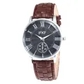 Detail of silver watch case with black dial featuring Roman numerals and leather strap - Coffee Strap Black Face