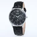 Macro detail of the black honeycomb dial with three decorative sub-dials and silver markers - Black Strap Black Dial