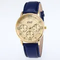 Detail view of business quartz watch with blue leather strap and gold three-eye dial - Blue Strap Gold Dial