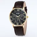 Macro view of men's quartz watch with gold alloy case and brown embossed leather strap - Coffee Strap Black Face