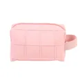 Pink quilted travel makeup bag with reinforced handle and zipper on white background - Peach Pink