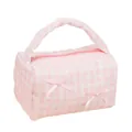 Pink gingham travel makeup bag with cute satin bows and top handle for storage - Pink