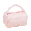 Neceser de maquillaje de cuadros rosas y blancos con tela acolchada y lazos de seda - Rosa