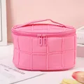 Pink quilted large capacity travel makeup bag with dual zipper and soft handle - Rose Red