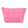 Pink quilted cosmetic bag with ruffled lace trim and secure top zipper closure - Trapezoidal Storage Bag Style (x-159-2) / Rose Red