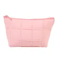 Pink quilted cosmetic bag with diamond lattice pattern and matching zipper closure - Trapezoidal Storage Bag Style (x-159-2) / Peach Pink