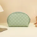 Mint green semi-circle PU cosmetic bag with checkered texture and golden zipper - Shell Shape (Creamy Green)