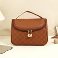 Caramel brown large cosmetic bag with checkered pattern and gold double zippers - Checkered / Mocha Brown