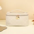 Trousse à maquillage en cuir PU à carreaux blanc crème avec fermetures dorées - Blanc (Style Ruban Damier)