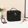 Portable tweed cosmetic bag in black and gold weave with leather handle and zipper - Length 21x Width 15x Height 13.5 / Black