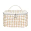 Portable khaki and beige houndstooth makeup bag with dual zippers and PU handle - Length 21x Width 15x Height 13.5 / Yellow And White Houndstooth