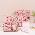 Luxury 3-piece pink leopard print PU leather makeup bag set with large capacity and handle - Large Medium And Small Bag Set