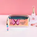 Neceser láser rosa con estampado de mariposa y asa holográfica para viaje - Rosa Claro