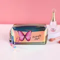Holographic butterfly cosmetic bag with golden zipper and handle for travel - Purple Blue