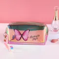 Holographic butterfly cosmetic bag with laser TPU material and pink glitter accents - Rose Red