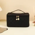 Large black checkered PU makeup bag with golden double zippers and moon pendant - High Capacity Box Style (Midnight Black)