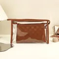 Brown checkerboard pattern cosmetic bag set with clear PVC outer travel organizer - Style Set (Mocha Brown)