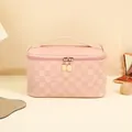 Pink checkered PU leather makeup bag with gold crescent zippers and top handle grip - High Capacity Box Style (Rose Pink)