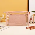 Pink two-in-one travel cosmetic bag set with transparent PVC case and woven inner pouch - 19cmx3.2cmx11.8cm / Woven Pink