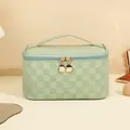 Light green checkered waterproof makeup bag with a gold crescent zipper charm and handle - High Capacity Box Style (Creamy Green)