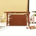 Brown PU leather travel makeup bag set with transparent PVC outer and woven texture inner - 19cmx3.2cmx11.8cm / Woven Brown
