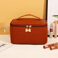 Brown PU leather makeup bag with woven texture and dual zippers for travel storage - Woven Brown