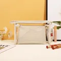 Two-in-one cream woven and transparent PVC travel makeup bag set with top handle - 19cmx3.2cmx11.8cm / Woven White