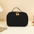 Elegant black checkerboard PU leather travel cosmetic bag with gold dual zippers - Rectangular Style (Midnight Black)