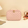 Pink checkered cosmetic bag with large capacity and portable handle for travel - Rectangular Style (Rose Pink)