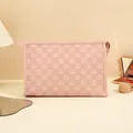 Pink checkerboard travel makeup bag with embossed PU leather and a convenient top handle - Rose Pink