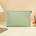 Portable mint green checkered PU leather makeup bag with waterproof texture and handle - Cream Green
