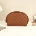 Brown checkered shell-shaped makeup bag in premium PU leather with gold zipper - Shell Shape (Mocha Brown)