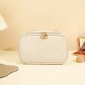Portable cream white checkered vanity bag with double gold zippers and top handle - Rectangular Style (Off-white)