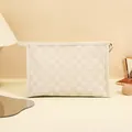 Creamy checkered PU leather makeup bag with woven texture and portable top handle - Off White