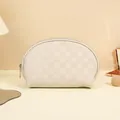 Elegant cream checkered semi-circle cosmetic bag with premium texture and metal zipper - Shell Shape (Off-white)