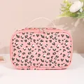 Pink leopard print makeup case with top handle and double zipper in PU leather - Rectangular Bag With Handle (X-197)