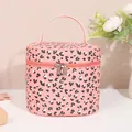 Pink leopard print PU leather makeup bag with large capacity and portable handle - Tall Barrel Bag With Handle (X-211)