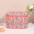 Pink leopard print PU leather makeup bag with top handle and dual metal zippers - Large Square Bag With Handle (X-135)
