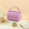 Cute purple and pink checkered knit plush makeup bag with thick handle for travel - Small / Purple
