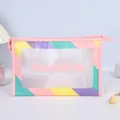 Pink matte PVC washbag with yellow and purple stripes and WASHBAG lettering - Pink
