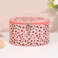 Pink leopard print PU leather makeup bag with dual metal zippers and sturdy handle - Oval Bag With Handle (X-183)