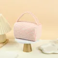 Pink and white checkered knit cosmetics bag with handle in a soft rectangular shape - Small / Pink