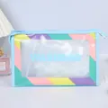Light blue matte PVC washbag with macaron stripes and a blue zipper closure - Blue