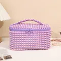 Pink and purple checkered plush makeup bag with top handle and dual circular zippers - Large / Purple