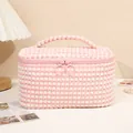 Pink and white checkered plush makeup bag with double ring zippers and handle - Large / Pink