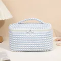 Checkered blue and white plush makeup bag with a top handle and double zippers - Large / Sky Blue