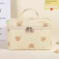 Quilted cartoon bear makeup bag with top handle and dual zippers for travel storage - Large / Beige Bear