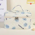Quilted cream makeup bag with blue smiley faces and BE HAPPY text and top handle - Large / Blue Smile Face