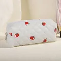 Quilted floral makeup bag with red tomato print and white diamond stitch zip pouch - White Persimmon